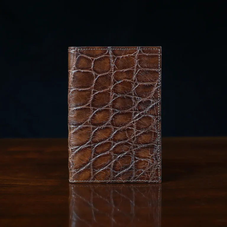 No. 23 Pocket Journal in Vintage Brown American Alligator - ID 001 - front view on a black background