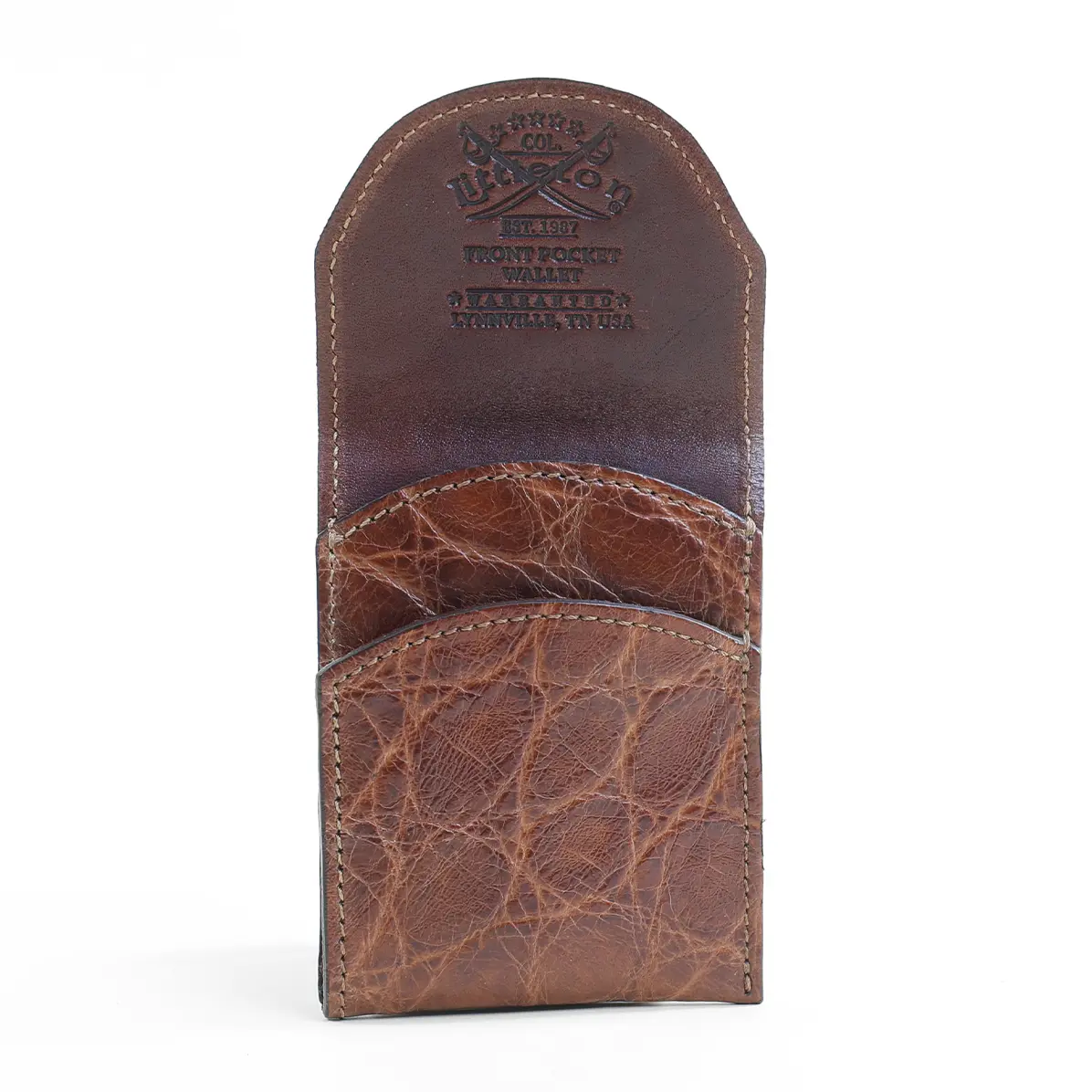 View larger image of Front pocket wallet with flap in brown American Alligator - front open view - 001
