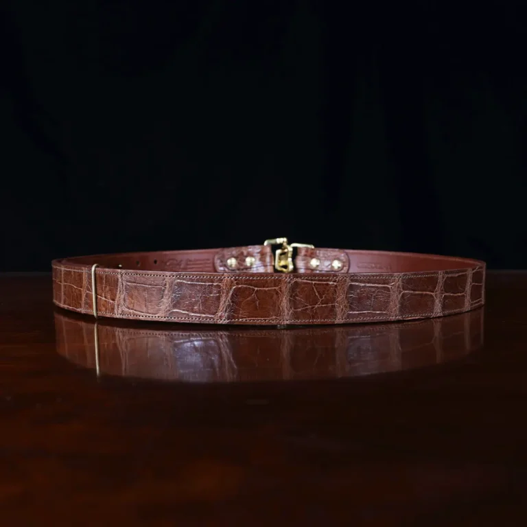 No. 5 Cinch Belt in brown American Alligator and brass buckle - ID 002 - back view on black background