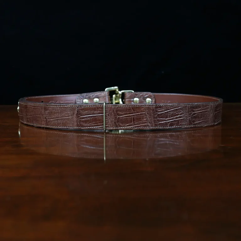 No. 5 Cinch Belt in brown American Alligator and brass buckle - ID 001 - back view on black background