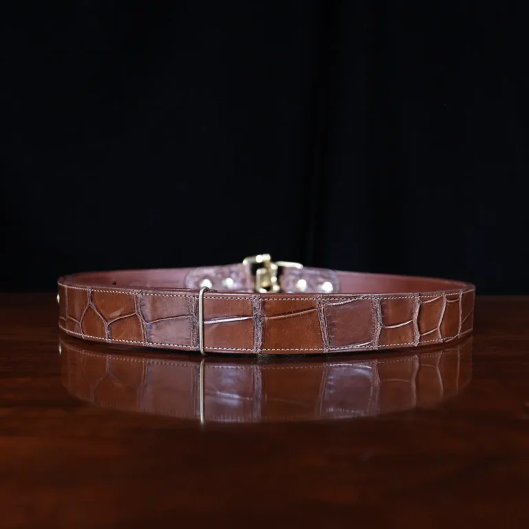 No. 5 Cinch Belt in brown American Alligator and brass buckle - ID 001 - back view on black background