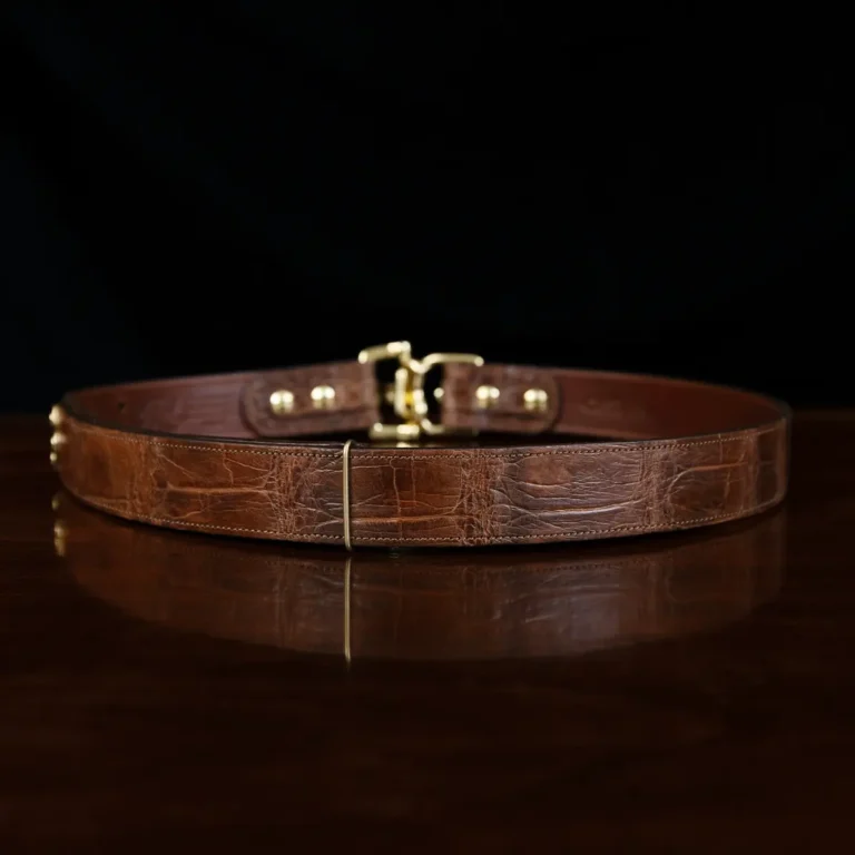 No. 5 Cinch Belt in brown American Alligator and brass buckle - ID 001 - back view on black background
