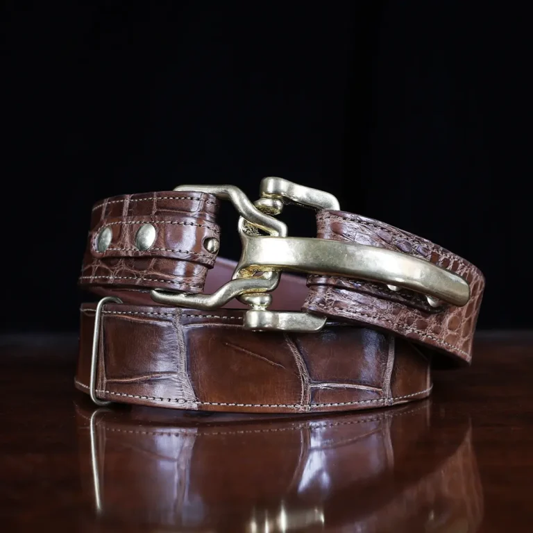 No. 5 Cinch Belt in brown American Alligator and brass buckle - ID 001 - front coiled view on black background