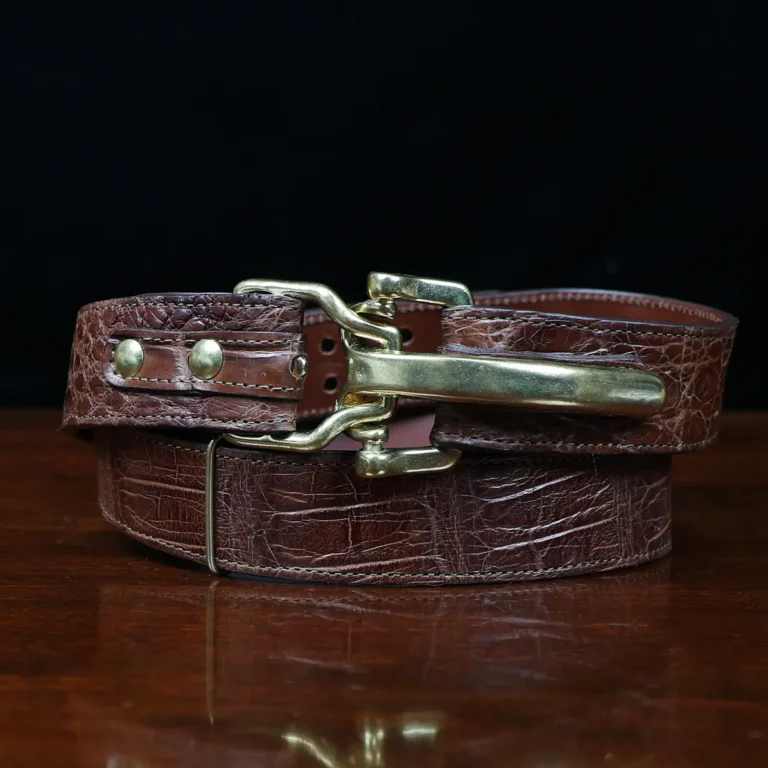 No. 5 Cinch Belt in brown American Alligator and brass buckle - ID 001 - front coiled view on black background