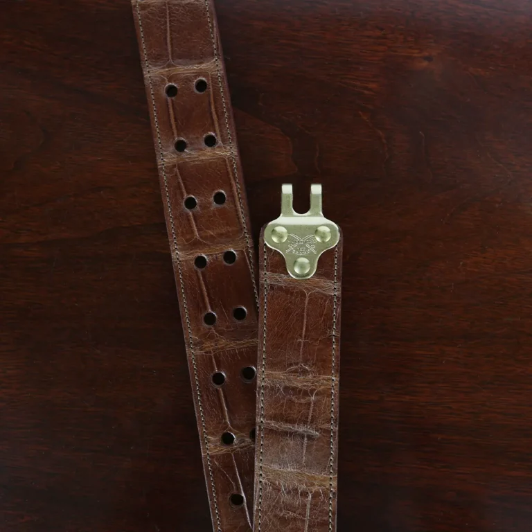 No. 5 Cinch Belt in brown American Alligator and brass buckle - ID 001 - hook view on black background
