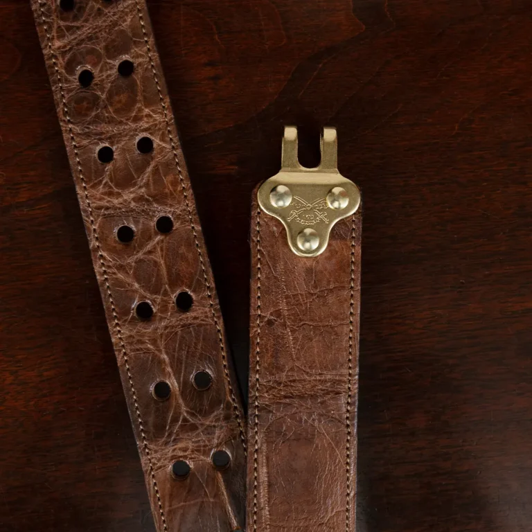 No. 5 Cinch Belt in brown American Alligator and brass buckle - ID 001 - open hook view on black background
