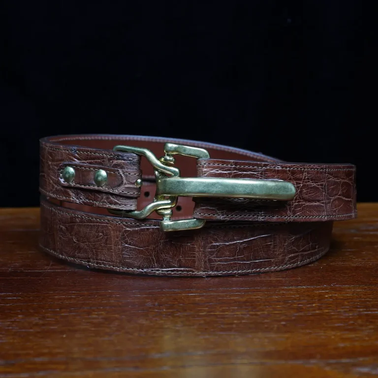 No. 5 Cinch Belt in brown American Alligator and brass buckle - ID 002 - front coiled view on black background