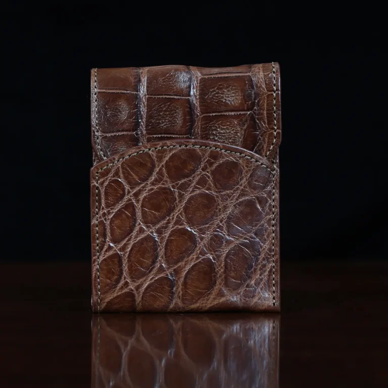 Front pocket wallet with flap in brown American Alligator - ID 003 - front view