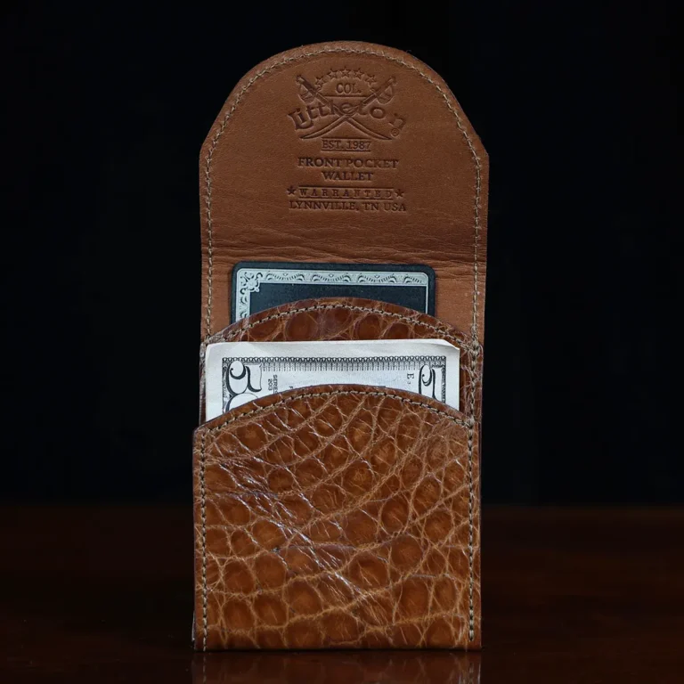 Front pocket wallet with flap in brown American Alligator - ID 003 - front open view with money