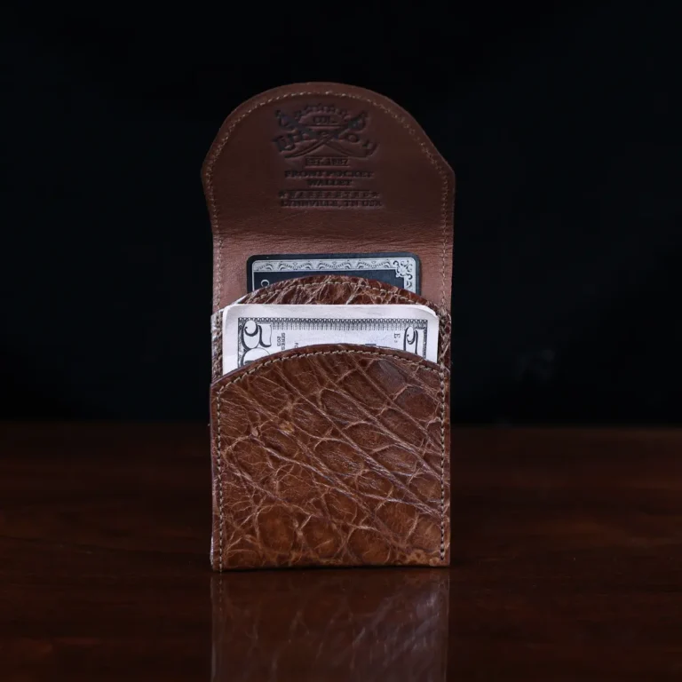 Front pocket wallet with flap in brown American Alligator - ID 003 - front open view with money