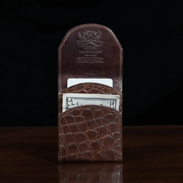 Front pocket wallet with flap in brown American Alligator - ID 003 - front open view with money