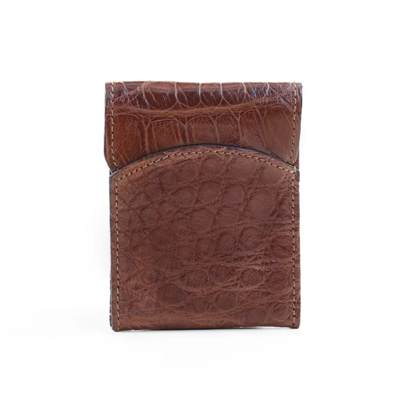 Front pocket wallet with flap in brown American Alligator - front view - 002