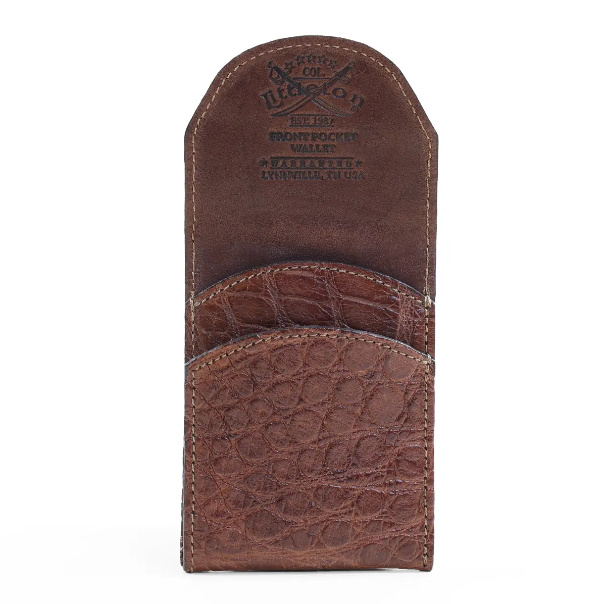 View larger image of Front pocket wallet with flap in brown American Alligator - front open view - 002