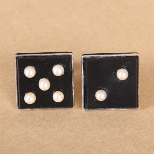 vintage cuff links - sterling silver onyx pearls "lucky sevens"