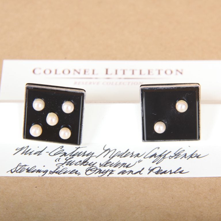 vintage cuff links - sterling silver onyx pearls "lucky sevens"