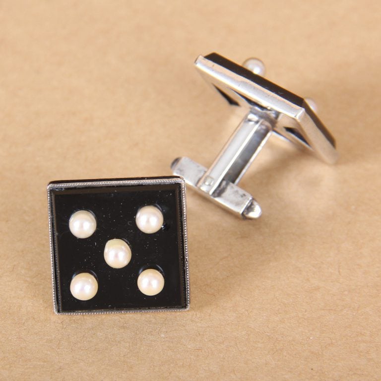 vintage cuff links - sterling silver onyx pearls "lucky sevens"