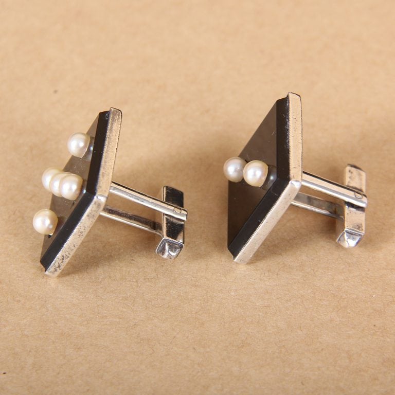 vintage cuff links - sterling silver onyx pearls "lucky sevens"