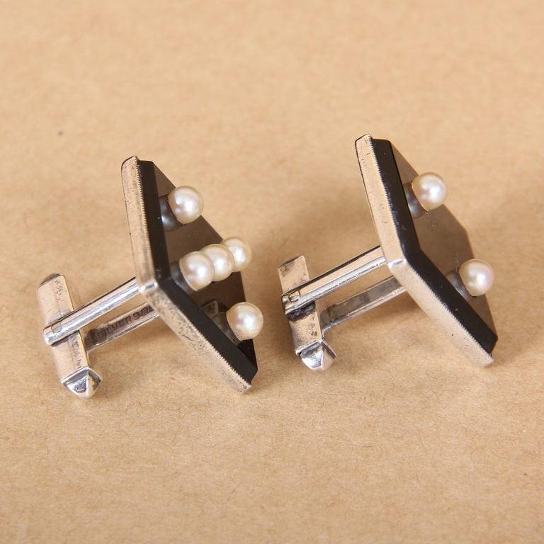 vintage cuff links - sterling silver onyx pearls "lucky sevens"
