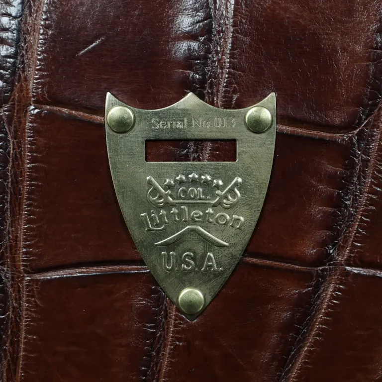 No. 1943 Navigator Briefcase in Vintage Brown American Alligator - Serial number 013 - back view of pommel