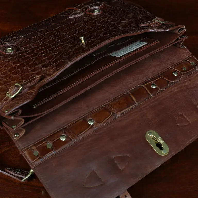 No. 1943 Navigator Briefcase in Vintage Brown American Alligator - Serial number 015 - open view