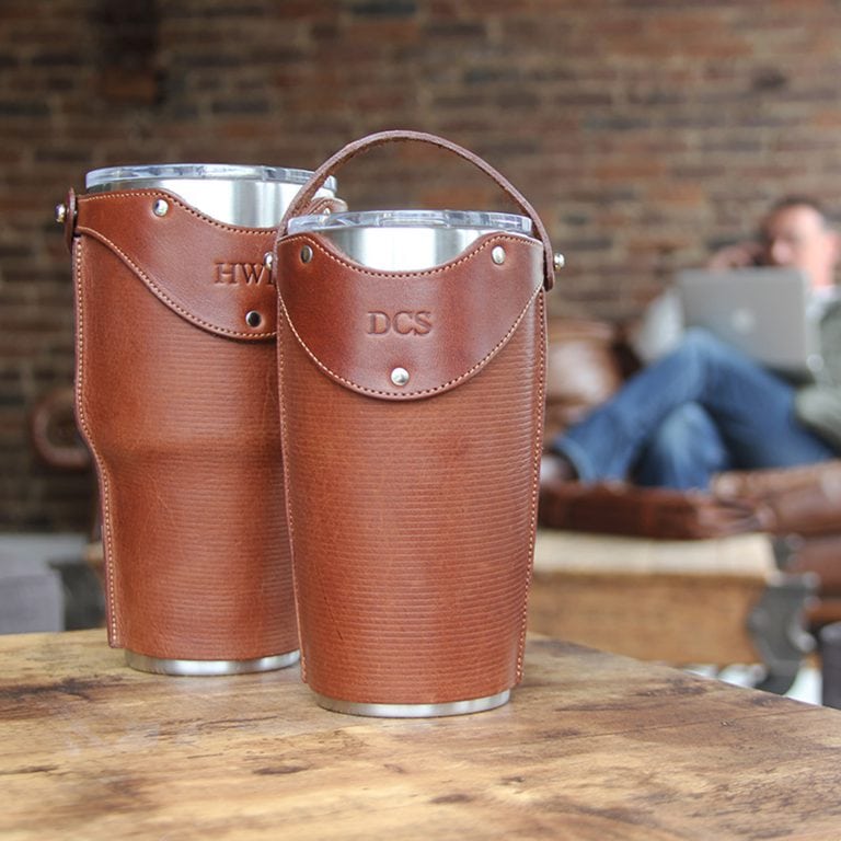 no30 vintage brown leather tumbler set and stainless steel cup in shop