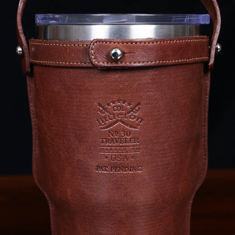 traveler leather tumbler sleeve in 30 oz - back view of logo