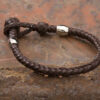 braided brown leather bracelet with pewter beads and loop closure