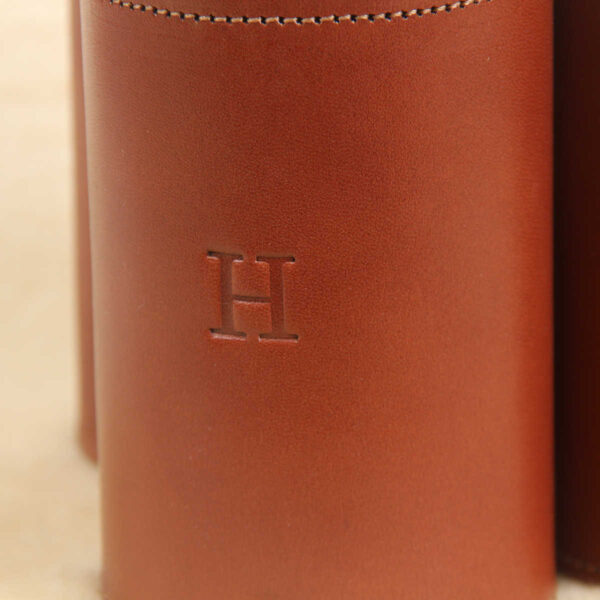 brown leather can caddies with initial personalization stamp