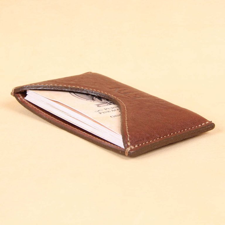 no 3 vintage brown leather card wallet with business cards in pocket