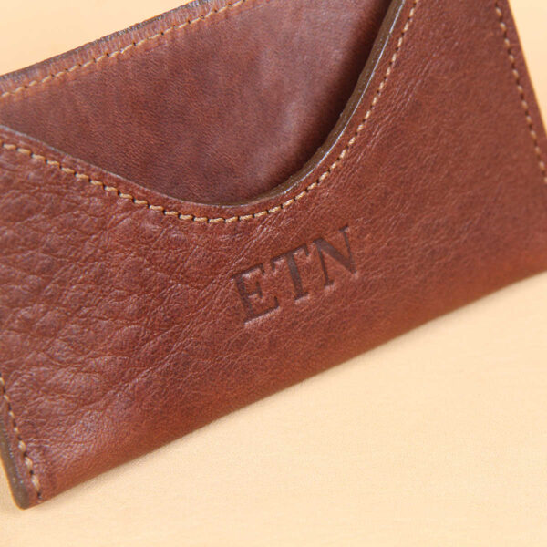 no 3 vintage brown leather card wallet with personalization stamp