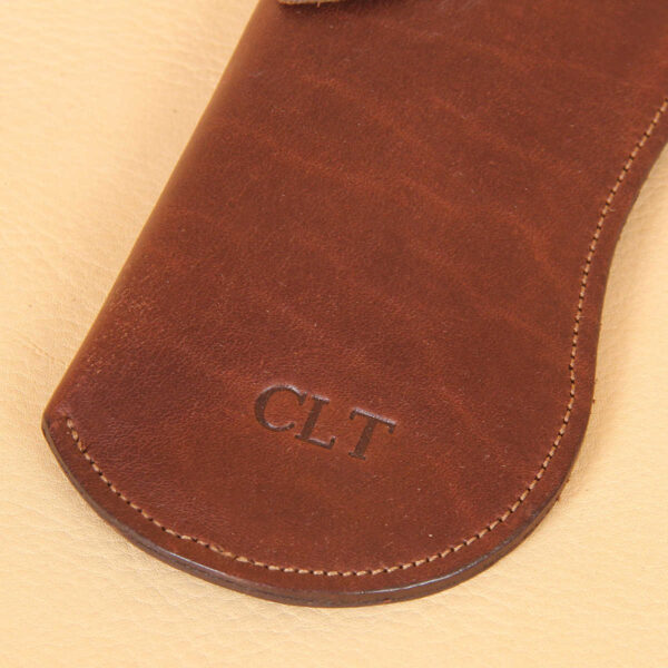 no 2 vintage brown leather eyeglass case with initial personalization stamp
