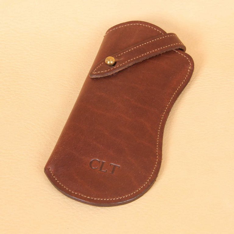 no 2 vintage brown leather eyeglass case with initial personalization stamp
