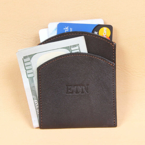 Black leather front pocket wallet front with 3 cards and 2 bills inside pockets.