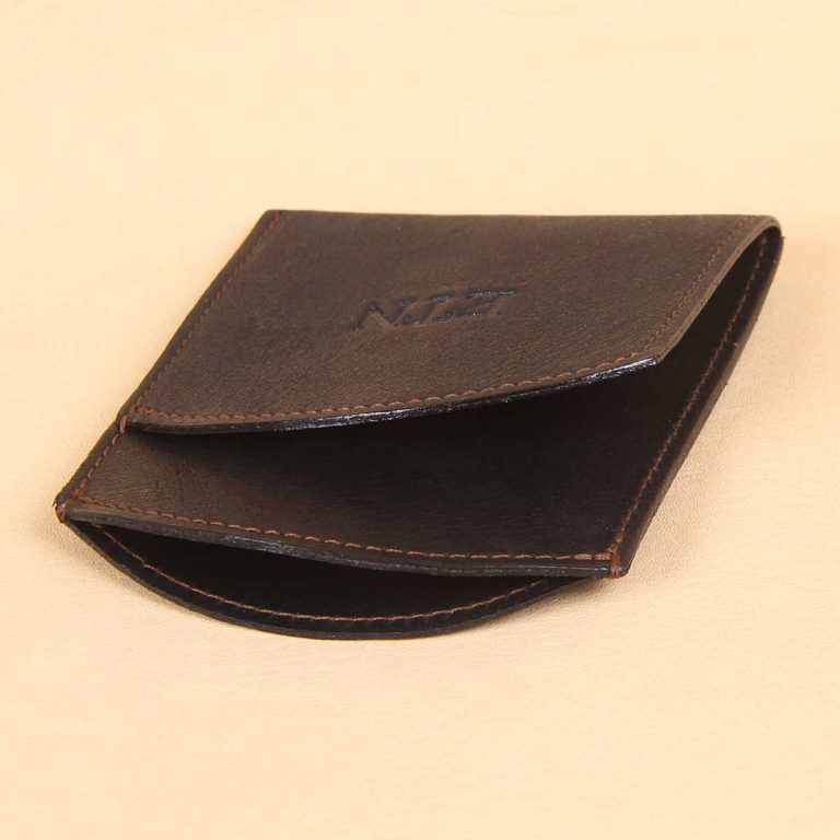 Black leather front pocket wallet empty open at top two pockets.
