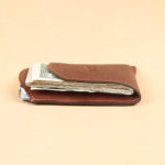 Brown leather front pocket wallet side with 10 cards and 10 bills.