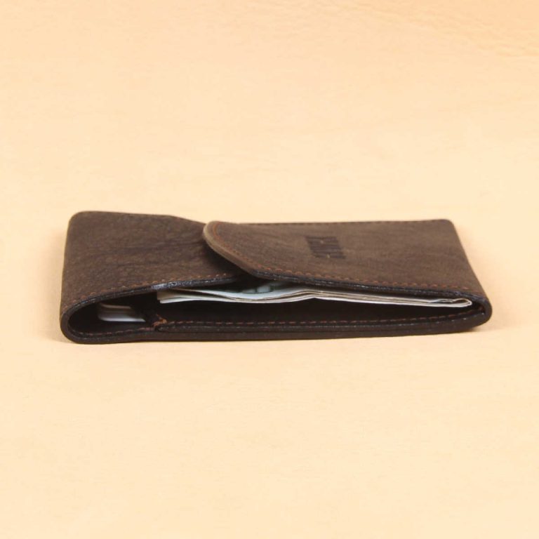 black leather front pocket wallet with fold over flap