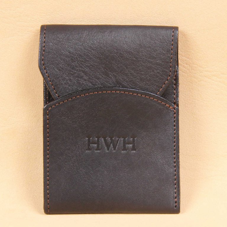 black leather front pocket wallet with fold over flap