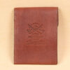 vintage brown leather front pocket wallet with fold over flap with product stamp