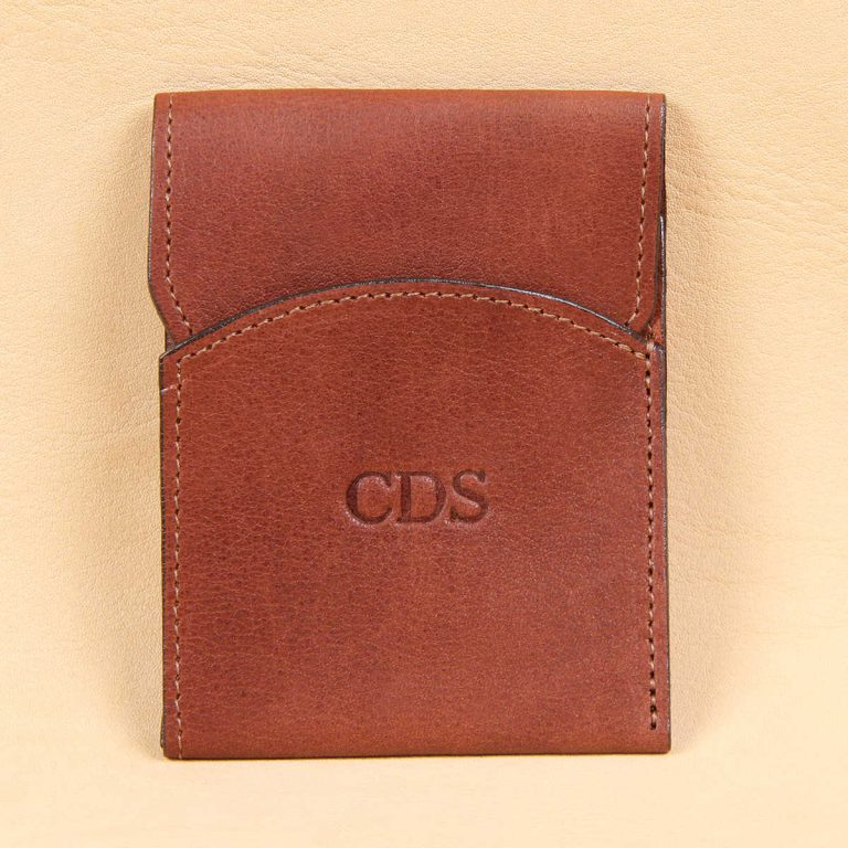 vintage brown leather front pocket wallet with fold over flap with initial personalization stamp