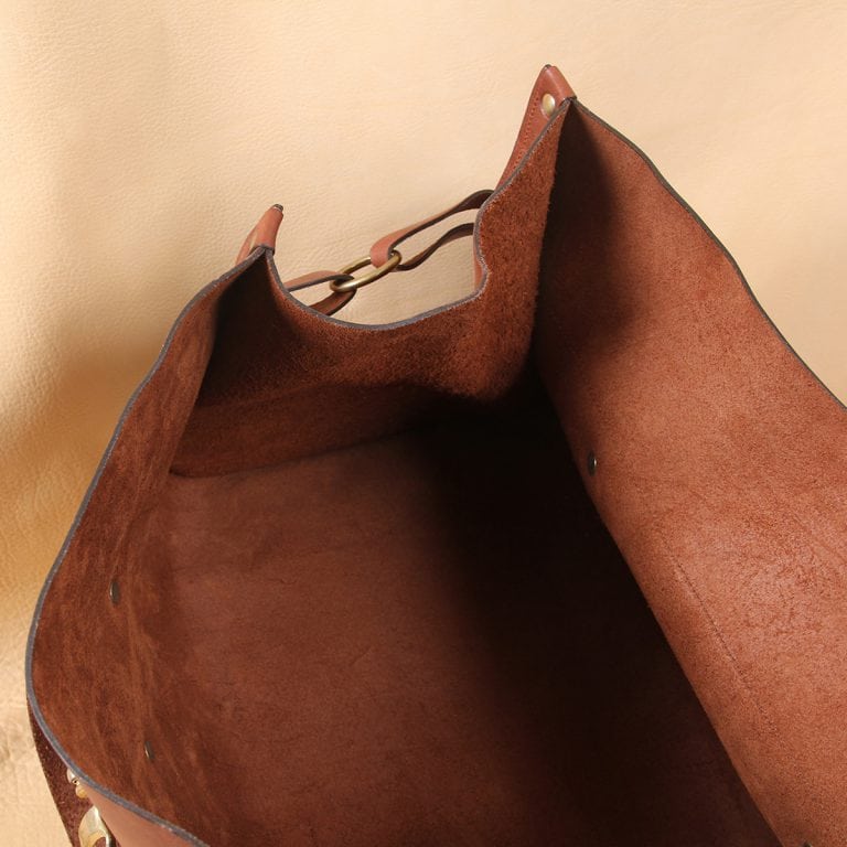 leather travel bag inside side gusset brown suede leather.