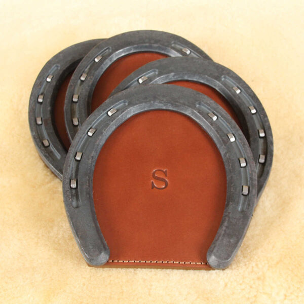 leather horseshoe coaster set with personalization initial stamp