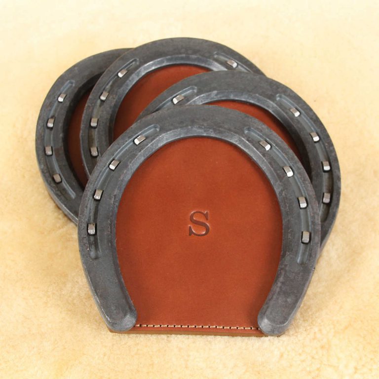 leather horseshoe coaster set with personalization initial stamp
