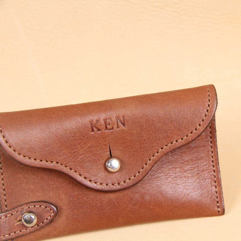 leather key wallet with ball stud closure with personalization stamp