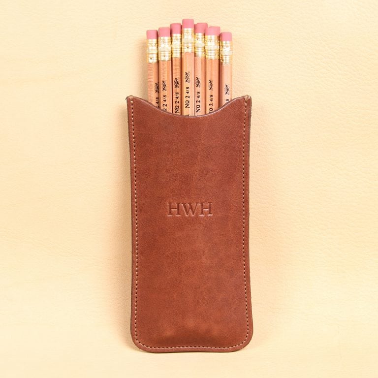 leather pencil case with 12 pencils and initial personalization