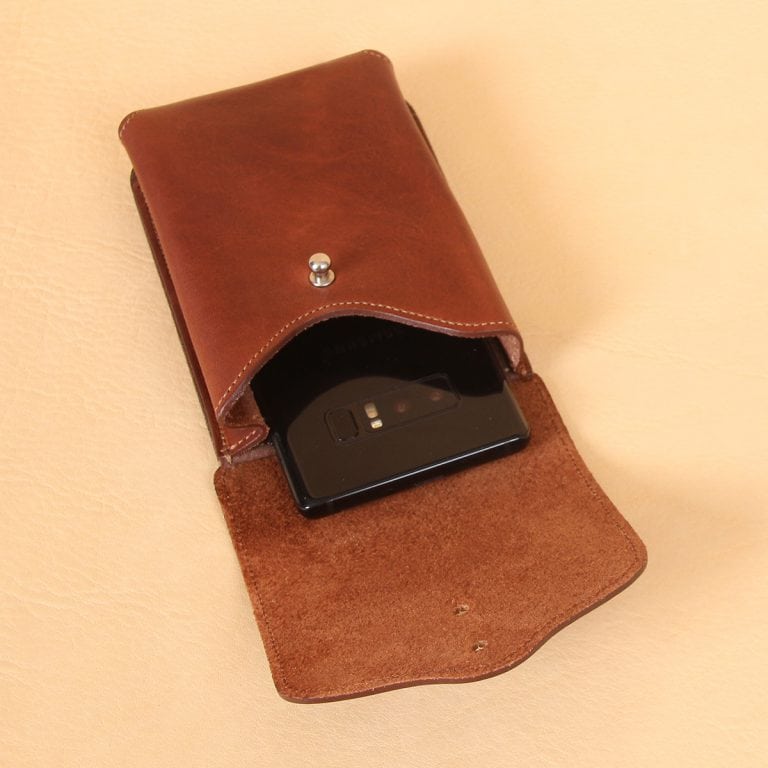 Brown leather holster phone case for iPhone XR XS open with galazy phone inside
