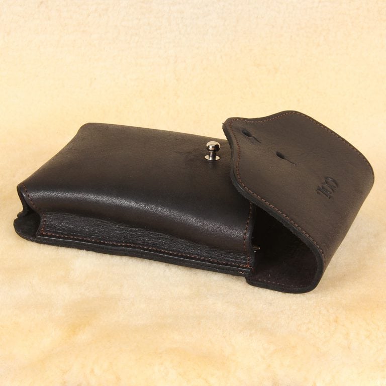 Black leather holster phone case for iPhone XR XS side with flap open