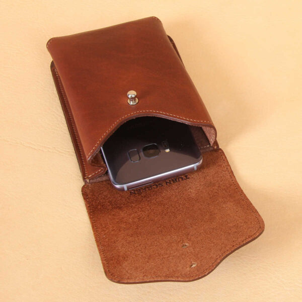 Brown leather holster phone case for iPhone XR XS open wit galazy phone inside