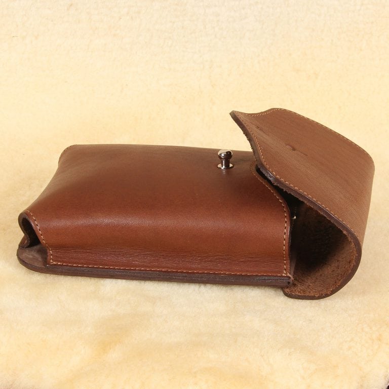 Brown leather holster phone case for iPhone XR XS side with flap open