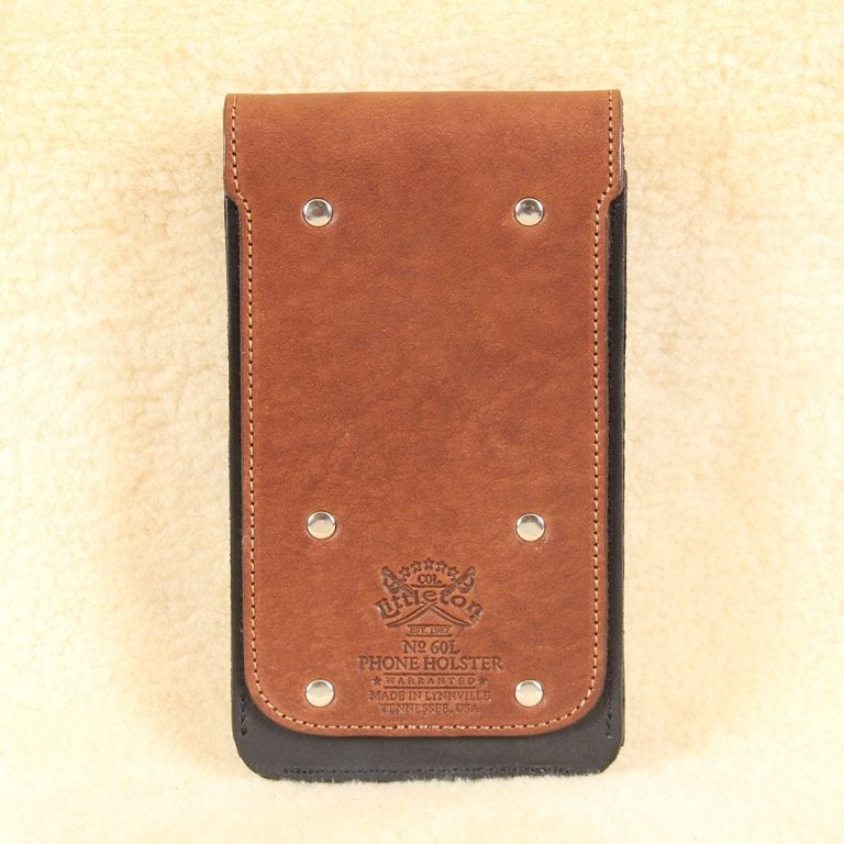 no60 black and brown large leather phone holster with product stamp