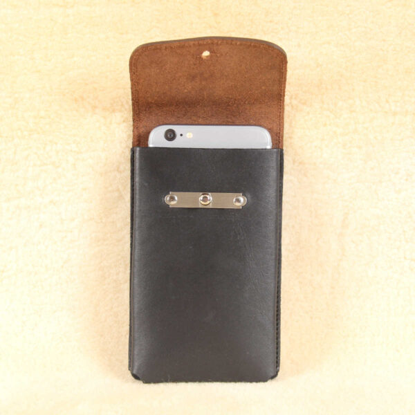 no60 black and brown large leather phone holster and phone inside